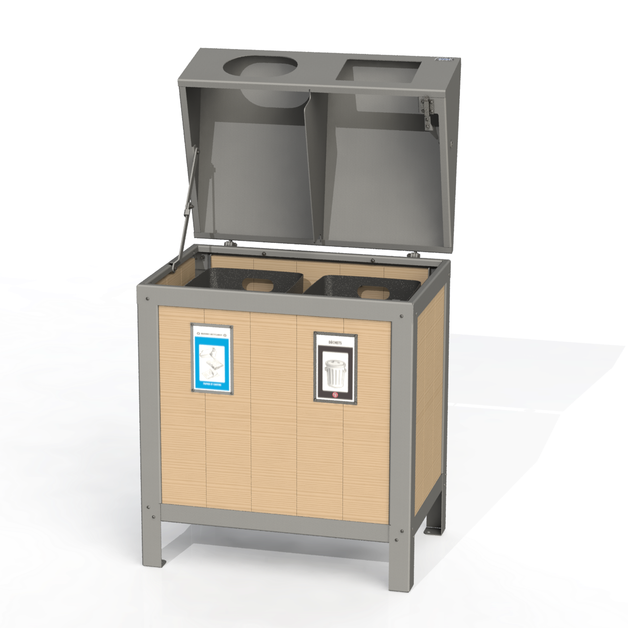 PCI3B - Corbeille 2 Compartiment Avec Affiche Bois