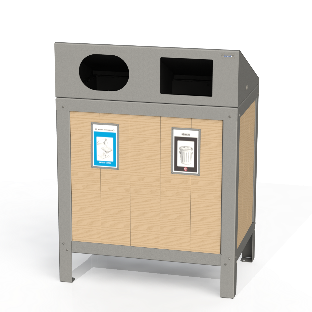 PCI3B - Corbeille 2 Compartiment Avec Affiche Bois