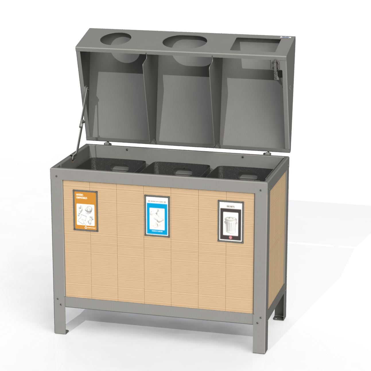 PCI4B - Corbeille 3 Compartiment Avec Affiche Bois