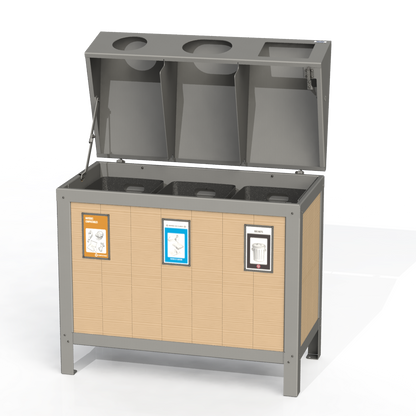 PCI4B - Corbeille 3 Compartiment Avec Affiche Bois