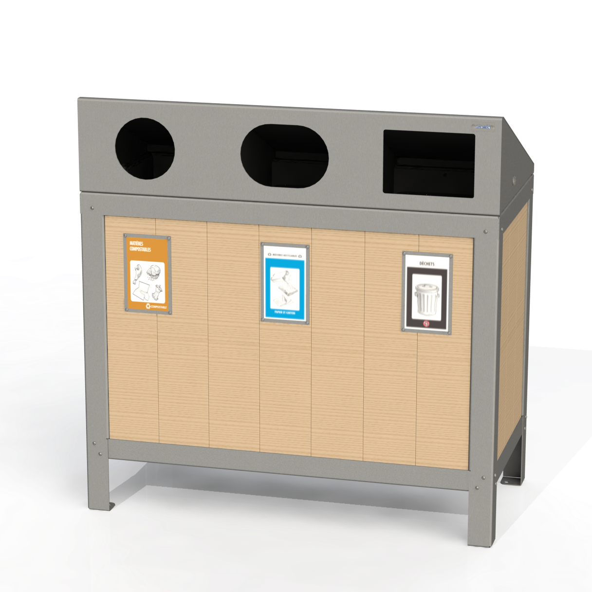 PCI4B - Corbeille 3 Compartiment Avec Affiche Bois