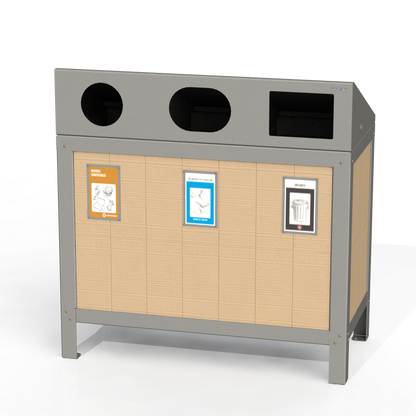 PCI4B - Corbeille 3 Compartiment Avec Affiche Bois