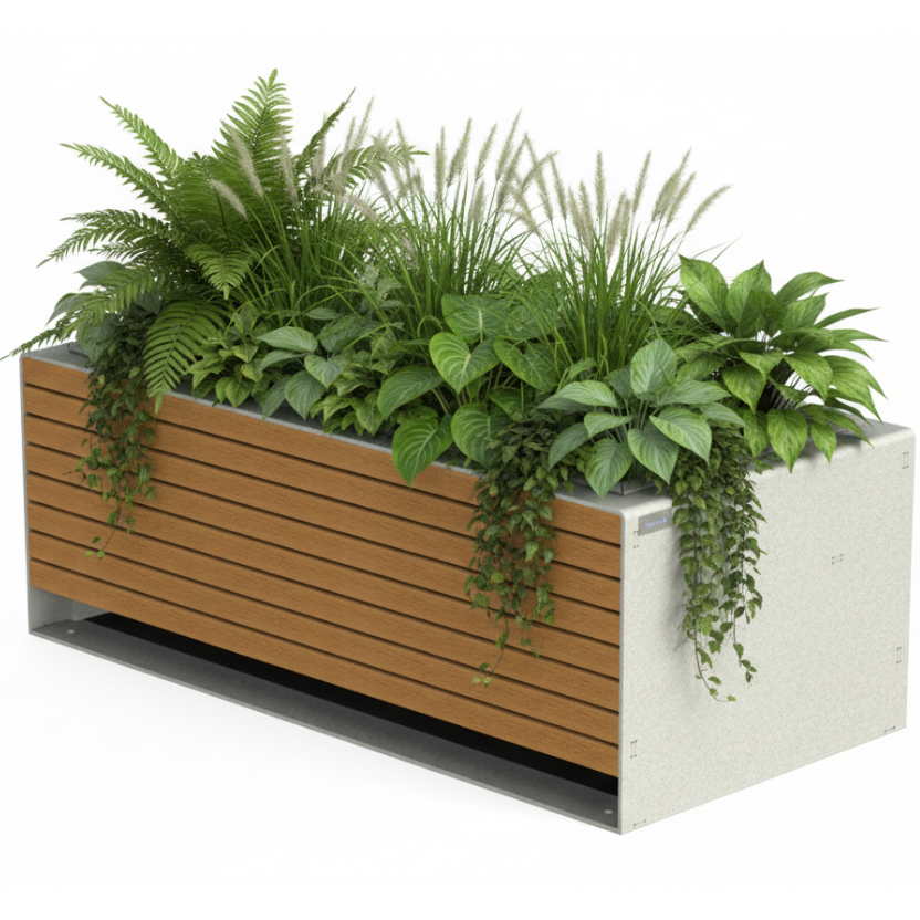 Grande jardinière avec plantes vertes