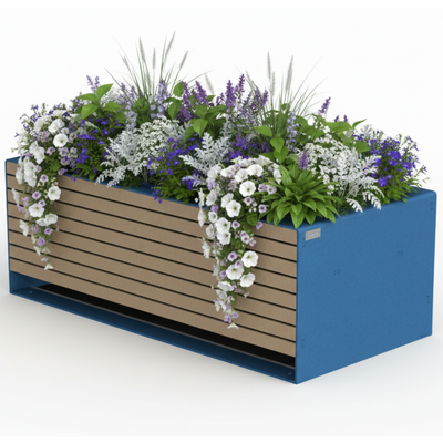 Grande jardinière bleue avec fleurs tons frais