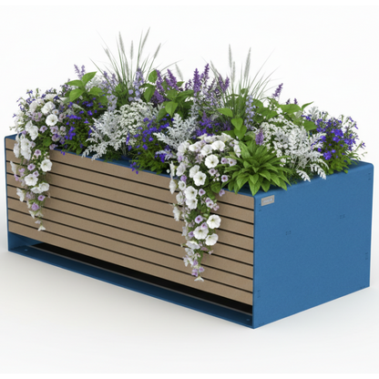 Grande jardinière bleue avec fleurs tons frais