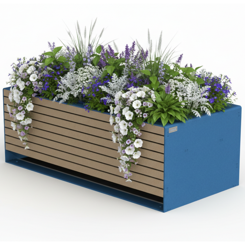 Grande jardinière bleue avec fleurs tons frais