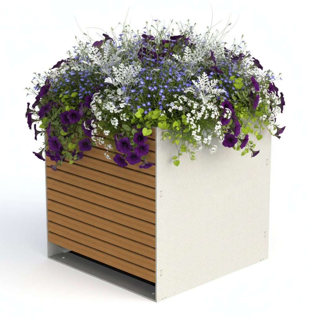 Jardinière avec fleurs tons frais